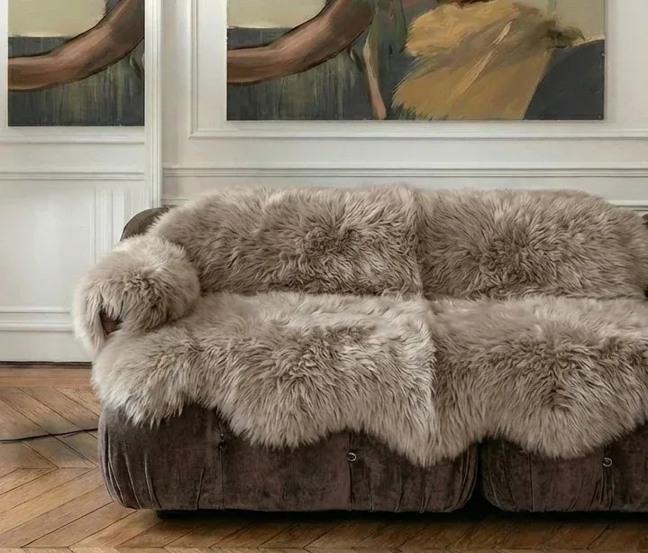 Genuine Beige Sheepskin Couch Cover for Dogs — Natural Sofa Protector (Plastic-Free)